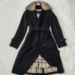 美品 バーバリー ロンドン トレンチコート ライナー付 ファー ネイビー 36