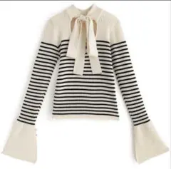 GRL ボーダーバックリボンフレアスリーブニットトップス k9205d