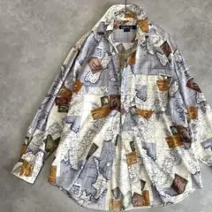 90s ビンテージ アメリカ古着 ノーティカ シャツ 長袖 地図 総柄 南半球