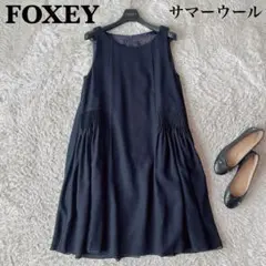 【美品】フォクシー ワンピースドレス リズム 紺ネイビー ふんわりAライン 膝丈