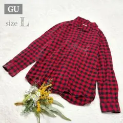 【ジーユー】GU メンズ フランネルチェックシャツ（長袖） レッド L ○