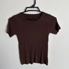 レディース ブラウン リブ編み 半袖トップス