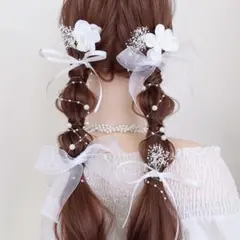 No.44 ホワイトリボン　フラワー　髪飾り　成人式　結婚式　ヘアアクセサリー