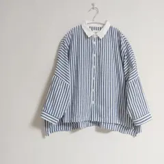 ストライプショート丈 七分袖シャツ ブルー クレリック
