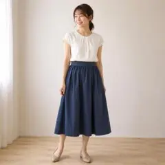 ZARA WOMAN ギャザーフレアスカート ネイビー Sのサムネイル