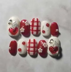 さくらんぼネイル　ぷっくり　ハート　春　チェック　ニュアンス　ネイルチップ