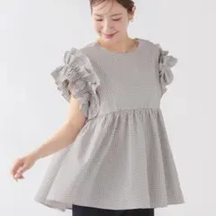 Fit more ギンガムチェック フリル袖 ペプラムブラウス ライトグリーン 