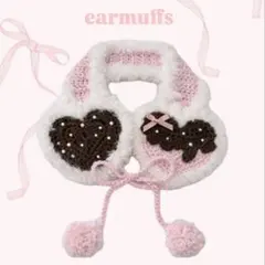 編み物　イヤーマフ　耳当て　ハート型　ハンドメイド　ピンク　白　バレンタイン