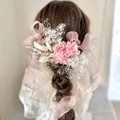 ピンクのリボンの髪飾り　ドライフラワー　結婚式　成人式　振袖　卒業式　袴