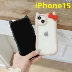 iPhoneケース15 猫耳 赤リボン クリアケース ブラック