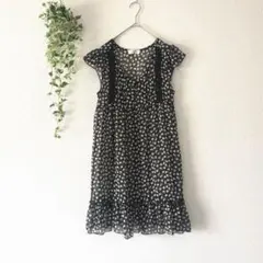 iiMK ワンピース 【38】透け フレンチスリーブ 総柄 黒 チュニック