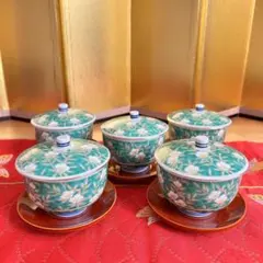 【未使用品】有田焼　明宝窯　緑彩山茶花　蓋付き湯呑み５客セット　湯飲みセット