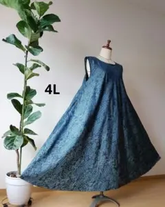着物リメイク✤テントラインワンピース✤大島紬正絹✤青系ノースリーブ4L