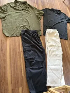 ［新品未使用］オリーブグリーン半袖開襟シャツと黒のポロシャツとパンツセット