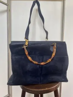 Gucci ネイビー スエード バンブーハンドル ハンドバッグ