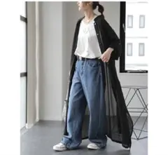 透明感 ロング丈 シャツワンピ ブラック