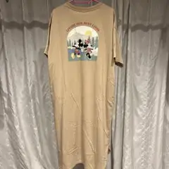 ミッキー・ミニー プリント ロングワンピース ベージュ　フタフタ　Lサイズ