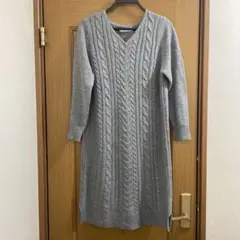 グレー Vネック ケーブル編み ニットワンピース M
