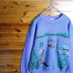 ニット　セーター　刺繍　ゴルフ　ペンギン　アート　秋冬　防寒　L　90s　レトロのサムネイル