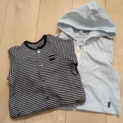 水色チェックジャケットとストライプロンパースセット