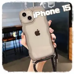 iPhone 15 pro　スマホケース　クリア　ショルダーストラップ　韓国　黒