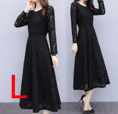 結婚式 パーティー フォーマル ドレス ワンピース 長袖 花柄 黒 L