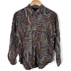 90s vintage 総柄シャツ 長袖 レッド グレー 幾何学 レトロ