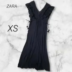 ザラ ZARA ワンピース ロング丈 Aライン フリル袖 レース Vネック 黒