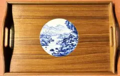 【有田焼 陶裝】山水絵木製盆 飾り盆 トレイ41cm 未使用