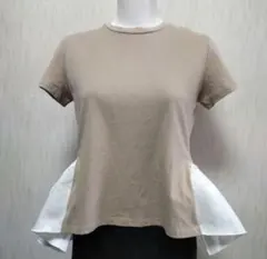 【美品】ミュー Myu サテンフリルTシャツ カットソー ベージュ＆ホワイト　Ｆのサムネイル