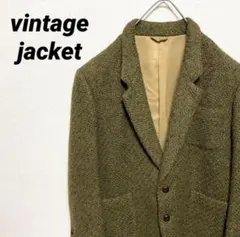 【テーラードジャケット　カーキ色　ツイード　レトロ感　古着】