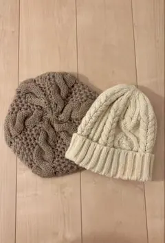 ケーブル編みベレー帽ニット帽2点セット