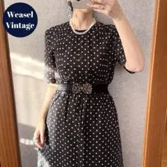 ヴィンテージ 昭和レトロ 古着 マルチドット柄ノーカラーワンピース 半袖 黒