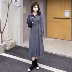 ワンピース 黒 秋 ロング 韓国 ゆったり レディース 長袖 シャツワンピ 新作