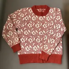 ハンドメイド　機械編み　赤とベージュの花柄　長袖ニットセーター　毛