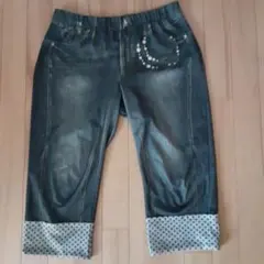 美品ダメージジーンズ風レギンススパッツダークブルー クロップドパンツ 水玉ドット
