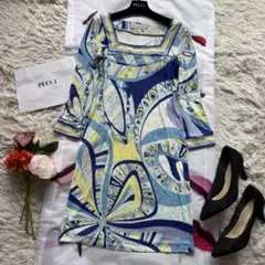 美品】EMILIO PUCCI プッチ柄シルクワンピース 半袖 膝丈 ブルー