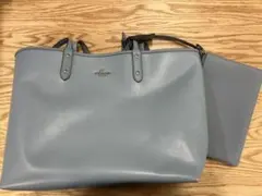COACH コーチ シグネチャー レザートートバッグ ポーチ付 水色【5466】