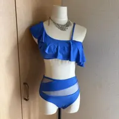 ショルダーストラップ付き ハイウェストブルーセパレート水着 パッド付き