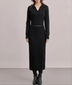 ブラック　ベルト付きジョニーカラーランダムリブニットワンピース　セゾンドパピヨン