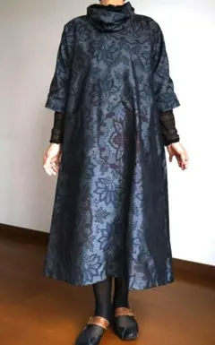 大島紬 網目柄 スタンドカラー ワンピース チュニック 細紐付 着物
