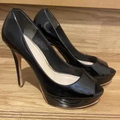 ブラックエナメルオープントゥハイヒール 24.0cm
