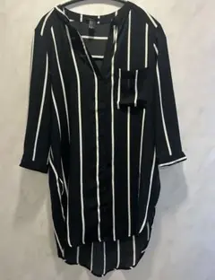 FOREVER 21 ストライプ柄 ロングシャツワンピブラウス ブラック【S】