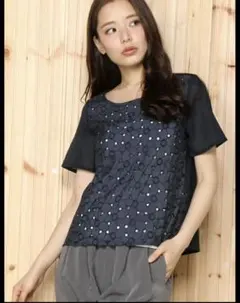 美品グローバルワーク【L】総レース刺繍入りTシャツ透け感ブラウス花モチーフネイビ