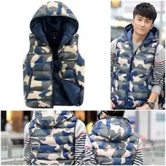 [M L  XL/ブルー] 迷彩 おしゃれ ダウン ベスト ブルー