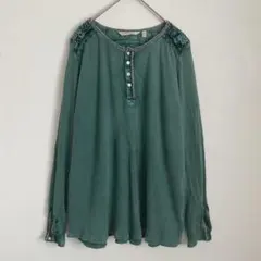 カットソー　Tシャツ　 長袖 ヘンリーネック グリーン XL ボヘミアン