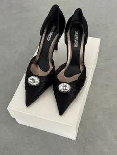 Carlo Pignatelli ビジュー付き黒ポインテッドトゥハイヒール