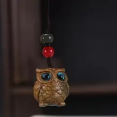 フクロウ　木製ストラップ　お守り　幸運　開運　かわいい　バッグチャーム縁起物