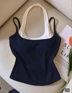 リブ編みキャミソール ネイビー/ホワイト Lサイズ