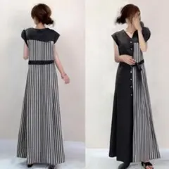 シャツワンピース 半袖 Lサイズ ロング丈 ストライプ きれいめ ウエストマーク